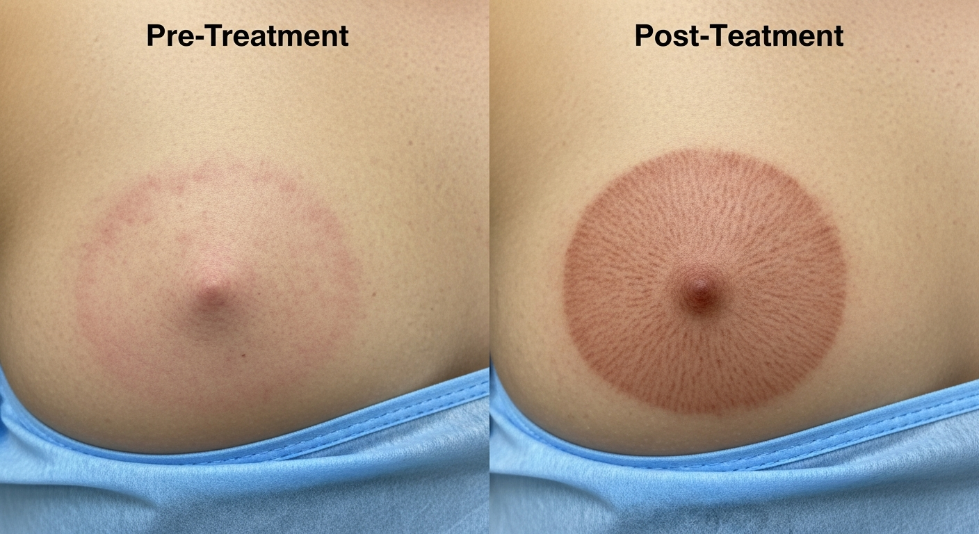 Reconstrucción areola micropigmentación post-mastectomía Colombia - resultado natural Pigment Pro