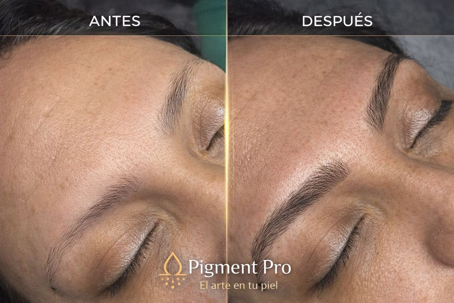 Antes y después micropigmentación de cejas mujer - diseño natural Pigment Pro Colombia